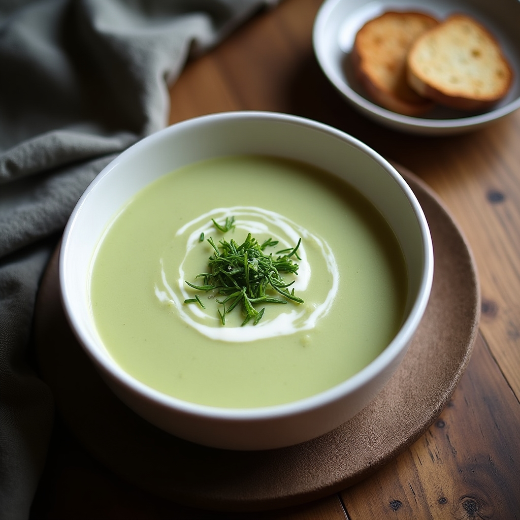 Cremige Topinambursuppe mit geröstetem Brot in einer weißen Schale