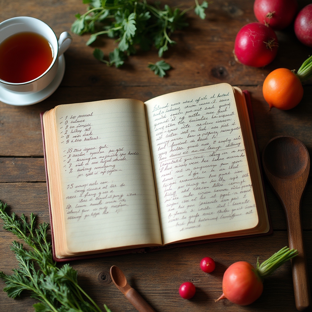 Küchentisch mit Notizbuch, Gemüse und Kochutensilien beim Rezeptetesten