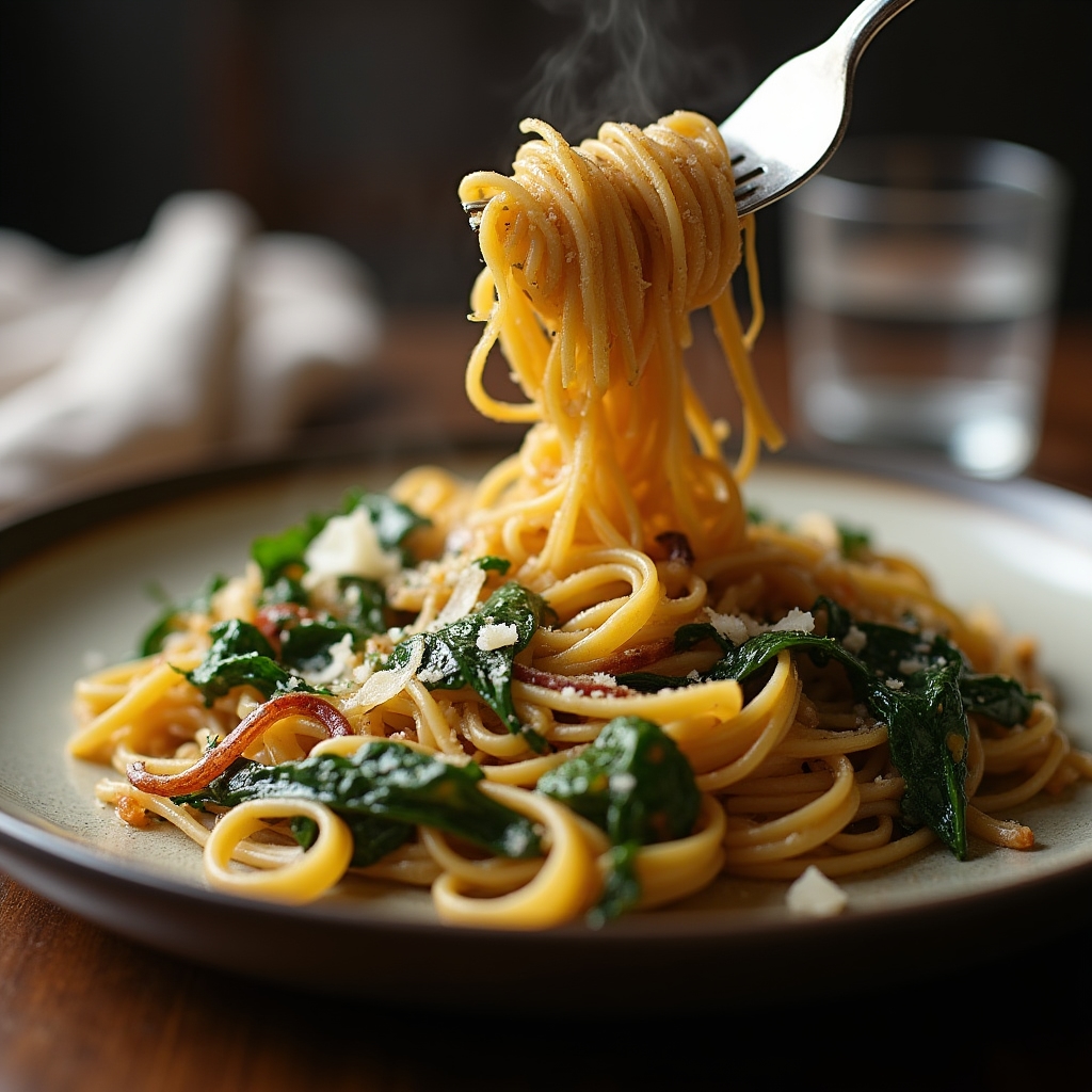 Pasta mit Mangold und geriebenem Käse auf einem Teller