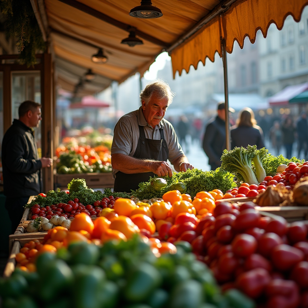 Marktstand am Naschmarkt mit dicht gestapeltem Gemüse in Kisten